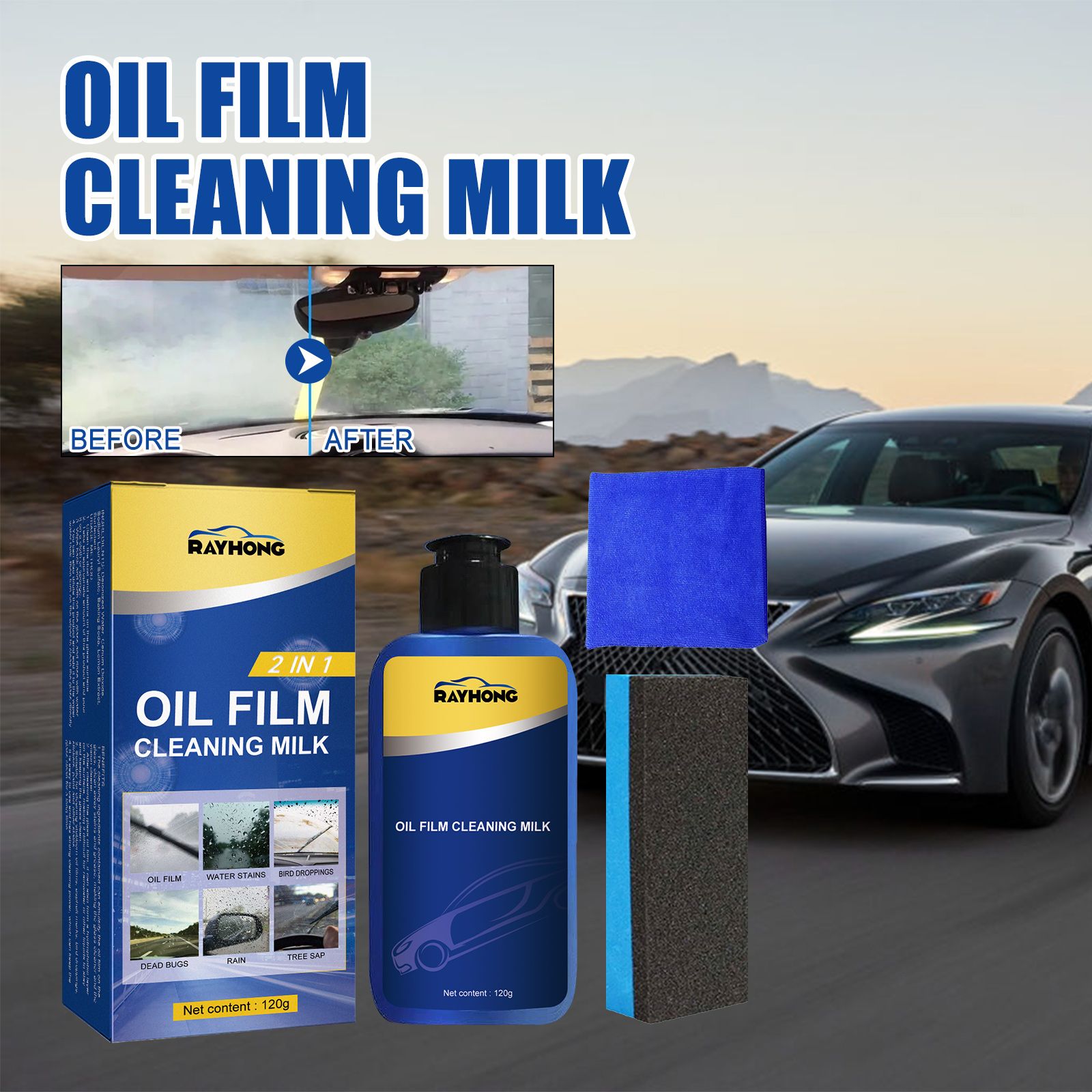 2in1 Car Windshield Oil Film Cleaner ,Automotive Front Windshield Stain Cleaner,Auto Window Stain and Oil Remover,Remove Vehicle Glass Blur