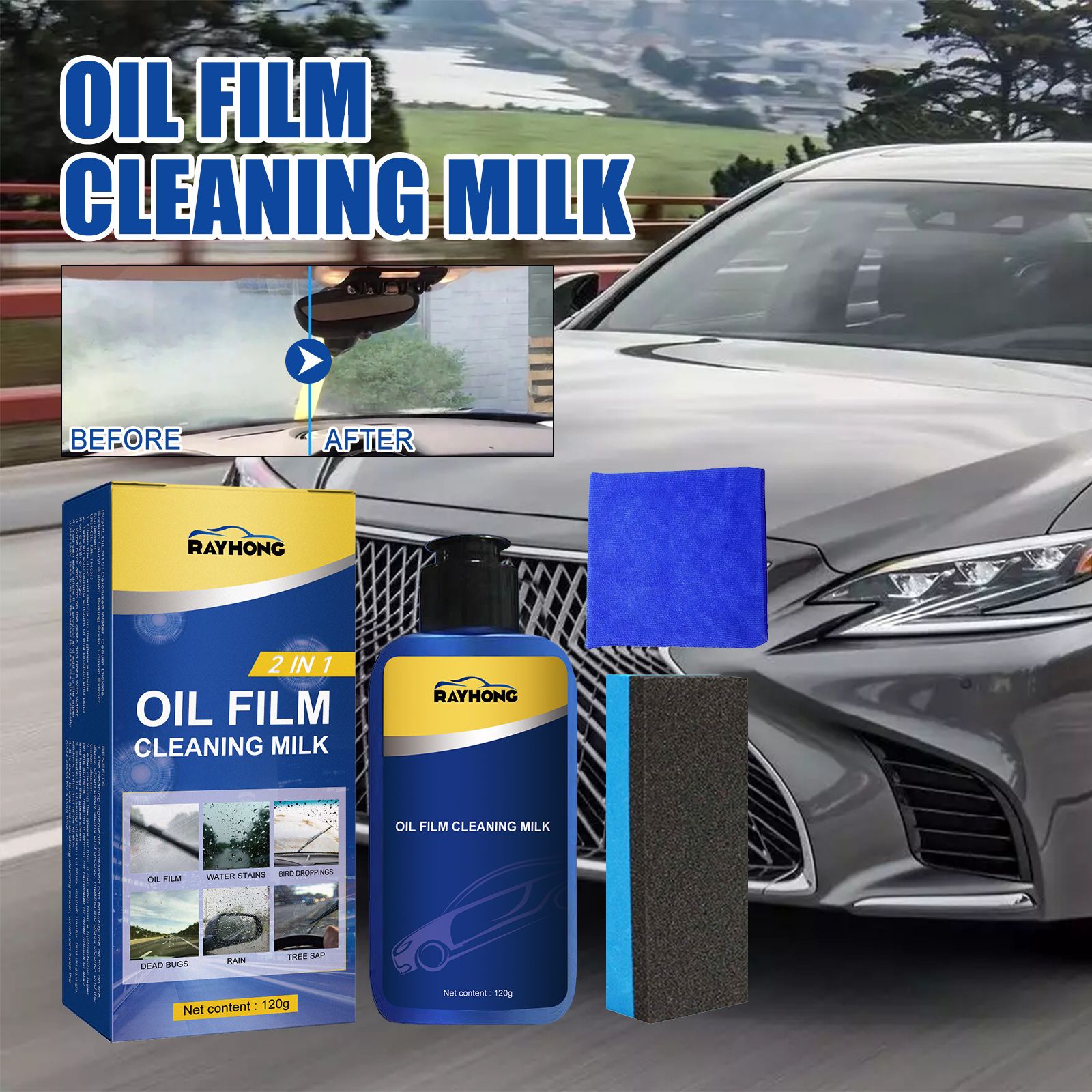 2in1 Car Windshield Oil Film Cleaner ,Automotive Front Windshield Stain Cleaner,Auto Window Stain and Oil Remover,Remove Vehicle Glass Blur