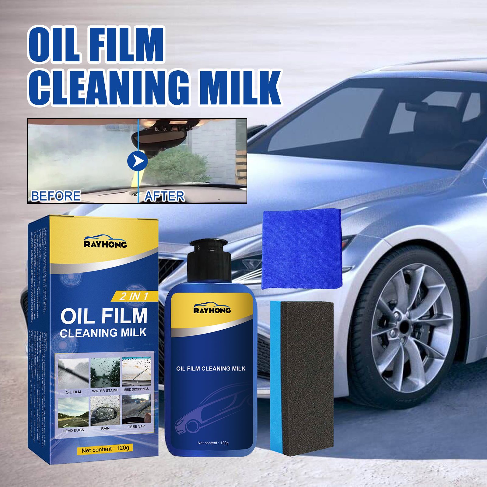 2in1 Car Windshield Oil Film Cleaner ,Automotive Front Windshield Stain Cleaner,Auto Window Stain and Oil Remover,Remove Vehicle Glass Blur