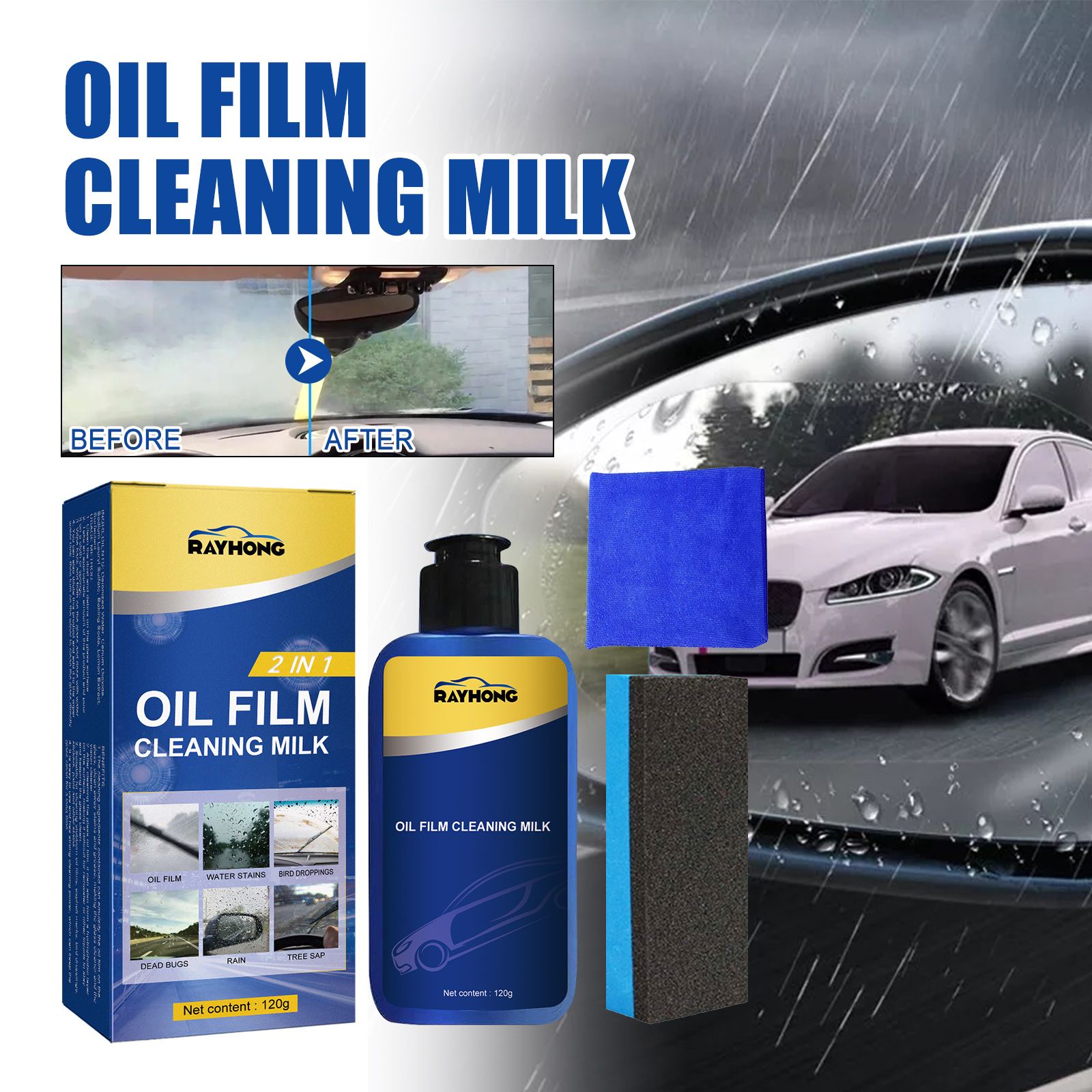 2in1 Car Windshield Oil Film Cleaner ,Automotive Front Windshield Stain Cleaner,Auto Window Stain and Oil Remover,Remove Vehicle Glass Blur