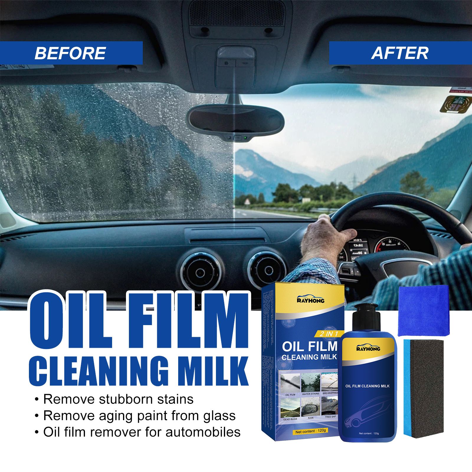 2in1 Car Windshield Oil Film Cleaner ,Automotive Front Windshield Stain Cleaner,Auto Window Stain and Oil Remover,Remove Vehicle Glass Blur