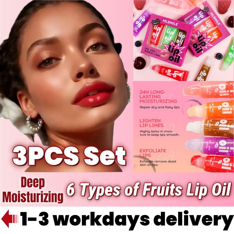 3PCS Fruity Lip Oil, Deep Moisturizing Lipstick, Mirror Gloss Lip Glaze,Moisturizing Jelly Lips Fuller Lips, Waterproof Lip Glosses 6 Fruits Strawberry/Grape/Cantaloupe/Orange/Coconut/Peach