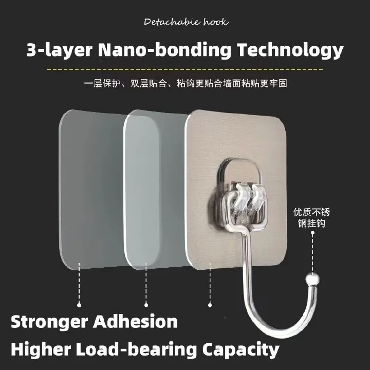 10pcs Large Ultra-strong Hook Set Load-bearing Hook Hanger Stainless Steel Solid Hook Bathroom Rust-proof Removable Wider Thicker Hooks Strong Self Adhesive Hooks Waterproof Hook Kitchen Hook