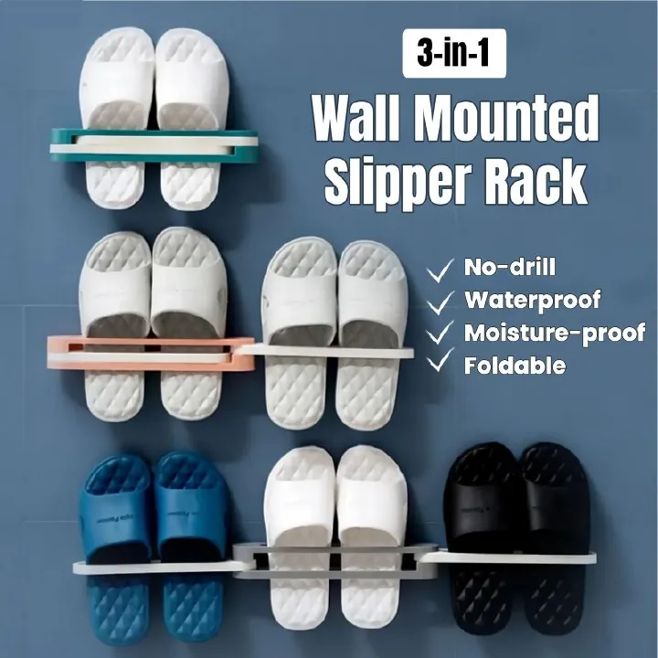3-in-1 Foldable Slipper Rack Wall  Durable Plastic Slipper Holder Adhesive Backing Slipper Organizer Folding Bathroom Shoe Rack Home Hanging Shoe Rack Space Saving Storage No Drill Punch-free