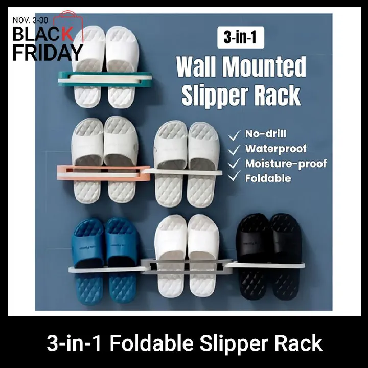 3-in-1 Foldable Slipper Rack Wall  Durable Plastic Slipper Holder Adhesive Backing Slipper Organizer Folding Bathroom Shoe Rack Home Hanging Shoe Rack Space Saving Storage No Drill Punch-free