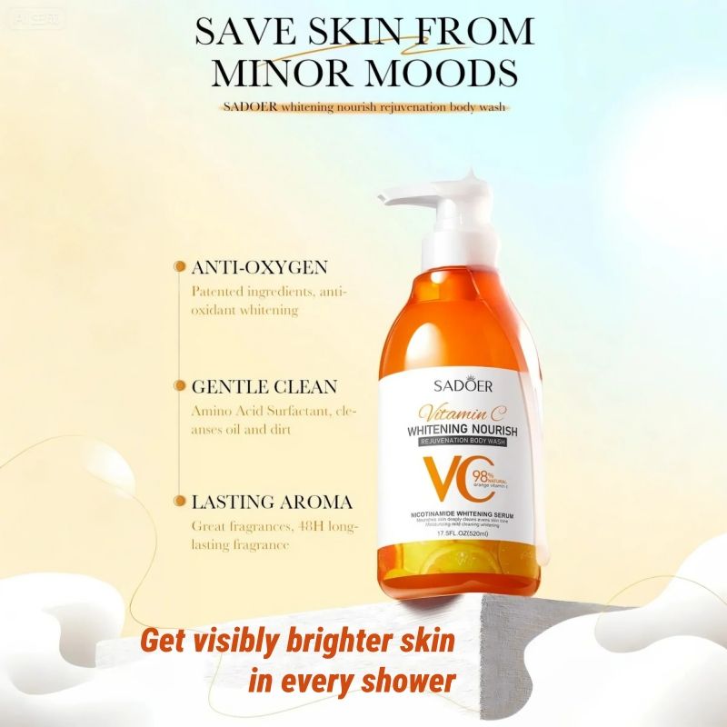 (4pcs free gift) SADOER Whitening Body Wash vitamin C NOURISH REJUVENATION Amino Acid Clean gently Nourishing skin Moisturizing Fragrance Shower Gel remove dirt Remove mites 520ml