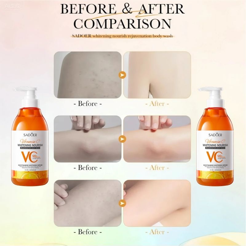 (4pcs free gift) SADOER Whitening Body Wash vitamin C NOURISH REJUVENATION Amino Acid Clean gently Nourishing skin Moisturizing Fragrance Shower Gel remove dirt Remove mites 520ml