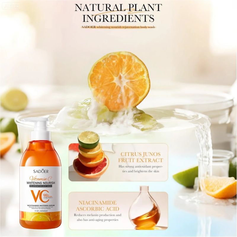 (4pcs free gift) SADOER Whitening Body Wash vitamin C NOURISH REJUVENATION Amino Acid Clean gently Nourishing skin Moisturizing Fragrance Shower Gel remove dirt Remove mites 520ml