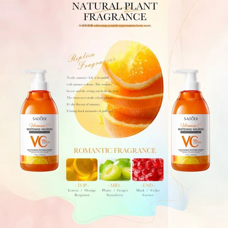 (4pcs free gift) SADOER Whitening Body Wash vitamin C NOURISH REJUVENATION Amino Acid Clean gently Nourishing skin Moisturizing Fragrance Shower Gel remove dirt Remove mites 520ml