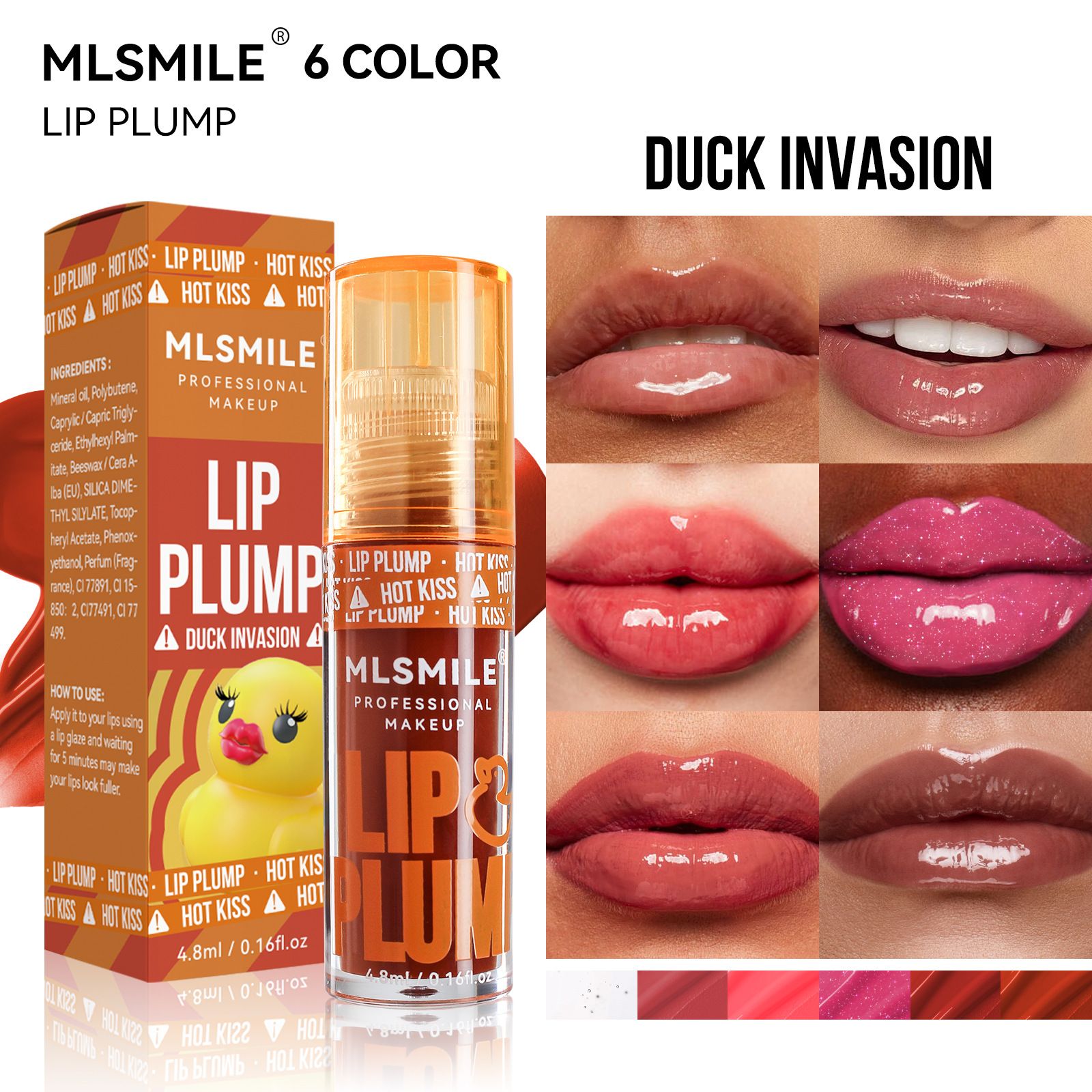 6 Color Duck Invasion Lip Plumping Oil Mirror Pearl Gloss Moisturizing Transparent Liquid Lipstick Lip Oil 4.8ml