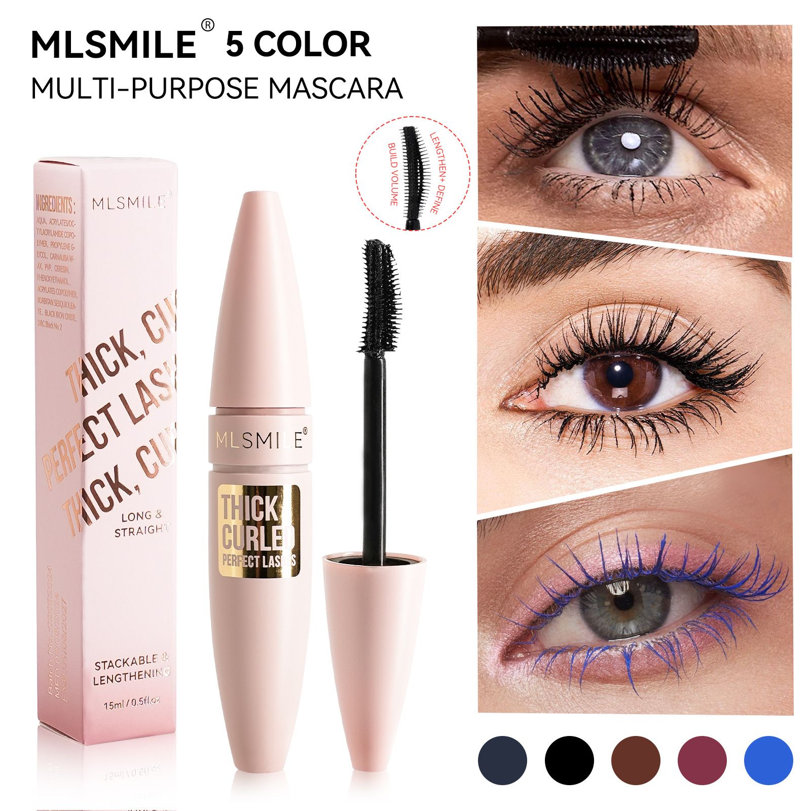 5 Color Multi Purpose Mascara Waterproof Smudge Proof 3D Dense Lengthen Curling Cream Mascara For Daily Party Eye Makeup 15ml
