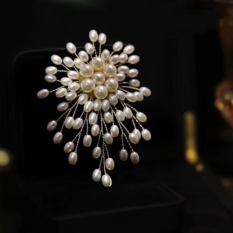 Large Gold Pearl Flower Brooch for Women, Luxury Statement Pin for Wedding, Church, Party & Formal Wear