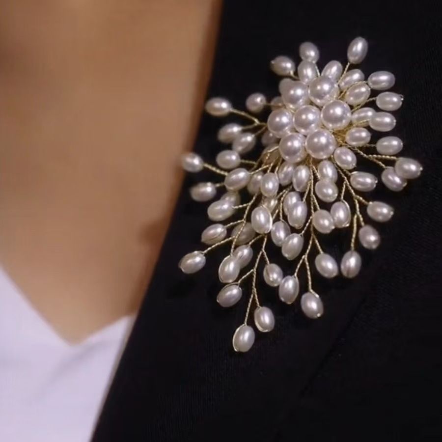 Large Gold Pearl Flower Brooch for Women, Luxury Statement Pin for Wedding, Church, Party & Formal Wear