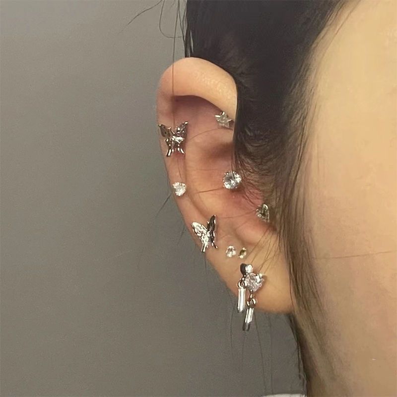 Mixed Style Cartilage Stud Earrings Set For Women Colorful Round Bead Rhinestone Butterfly Heart Star Piercing Ear Jewelry Daily Party Wear