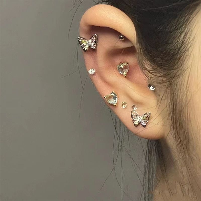 Mixed Style Cartilage Stud Earrings Set For Women Colorful Round Bead Rhinestone Butterfly Heart Star Piercing Ear Jewelry Daily Party Wear