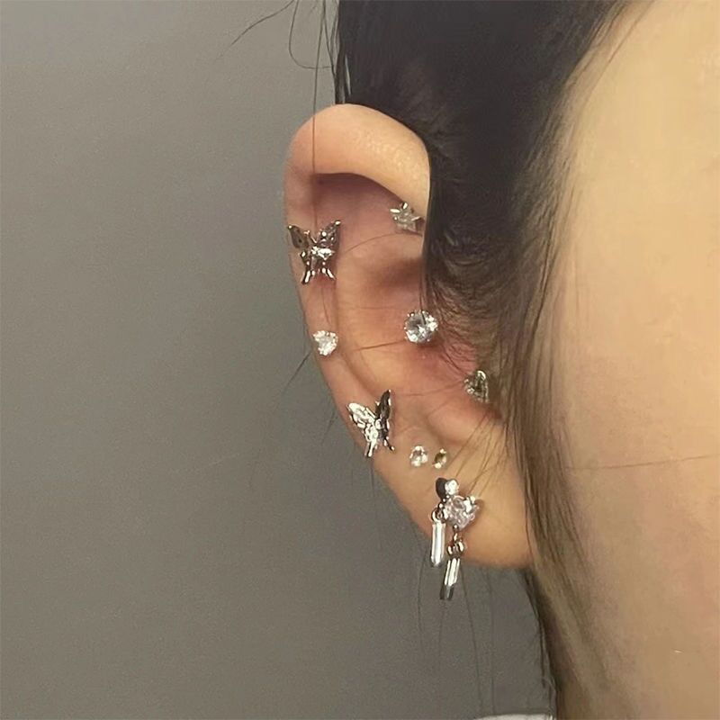 Mixed Style Cartilage Stud Earrings Set For Women Colorful Round Bead Rhinestone Butterfly Heart Star Piercing Ear Jewelry Daily Party Wear