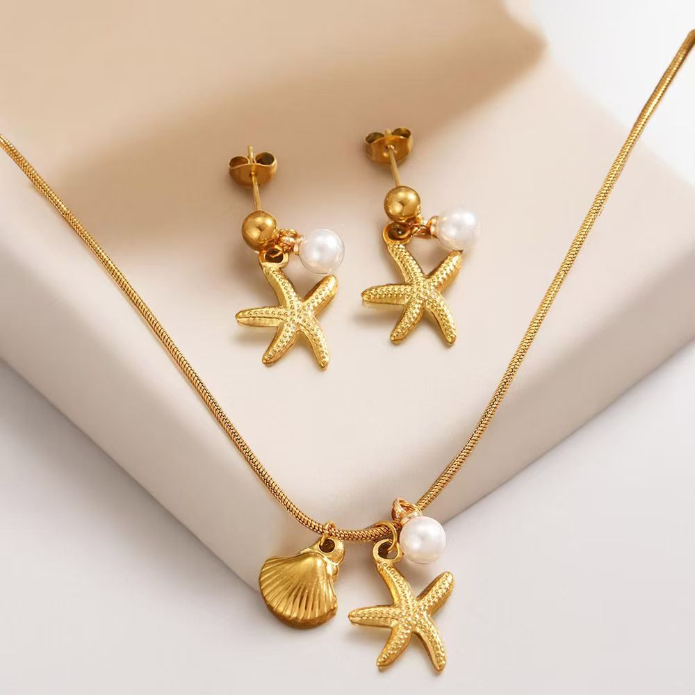 2Pcs/Set Gold Stainless Steel Starfish Shell Necklace & Earrings Set For Kenyan Women, Non-Fading Beach Jewelry Gift