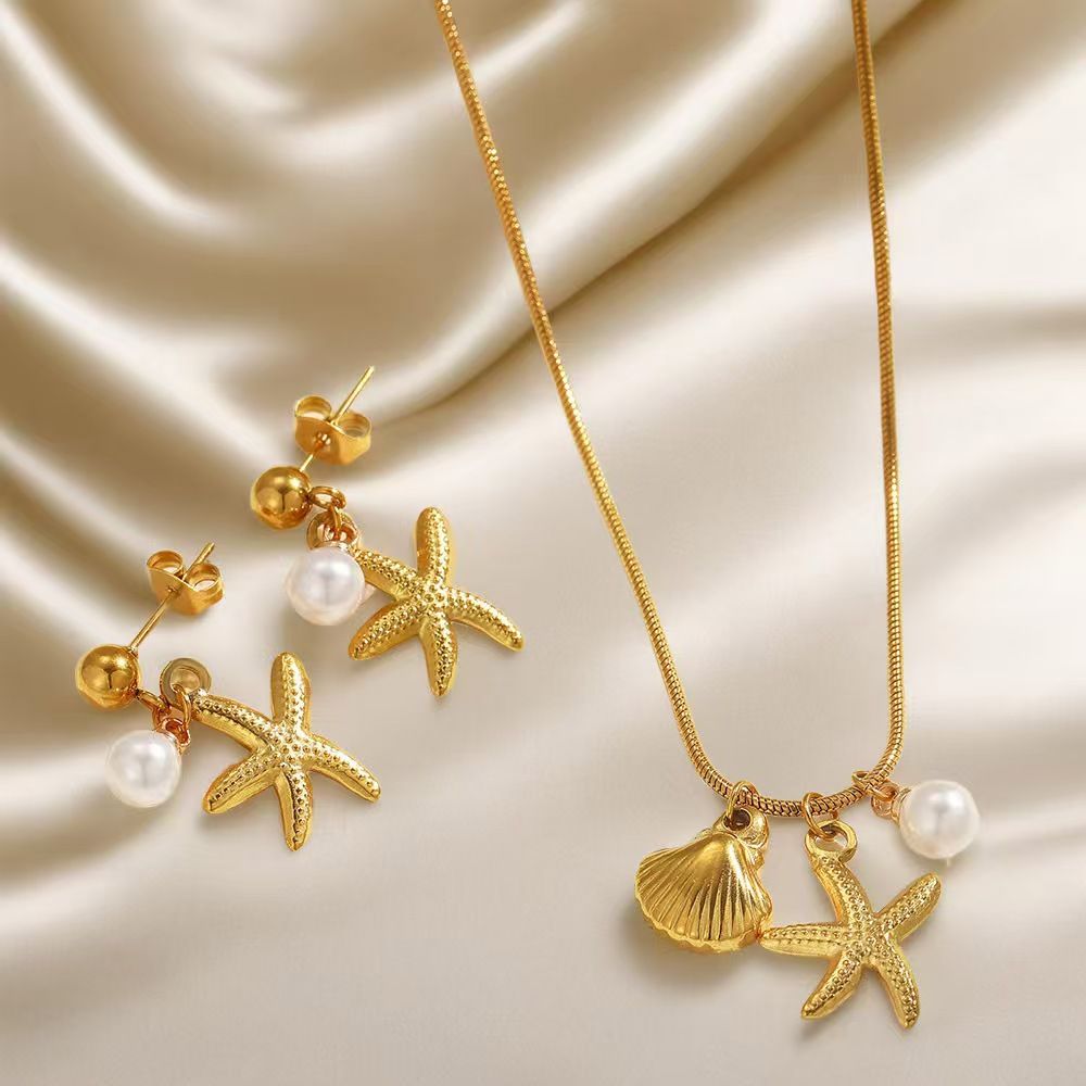 2Pcs/Set Gold Stainless Steel Starfish Shell Necklace & Earrings Set For Kenyan Women, Non-Fading Beach Jewelry Gift
