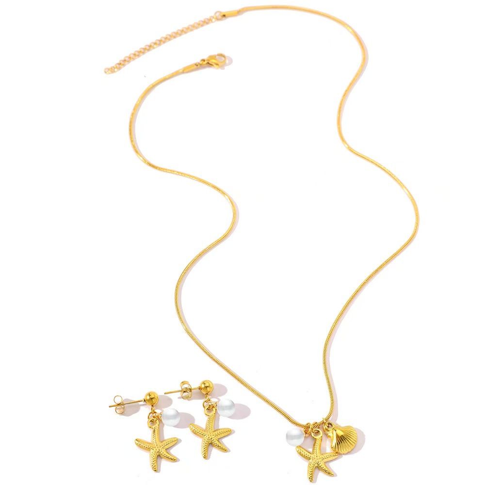 2Pcs/Set Gold Stainless Steel Starfish Shell Necklace & Earrings Set For Kenyan Women, Non-Fading Beach Jewelry Gift