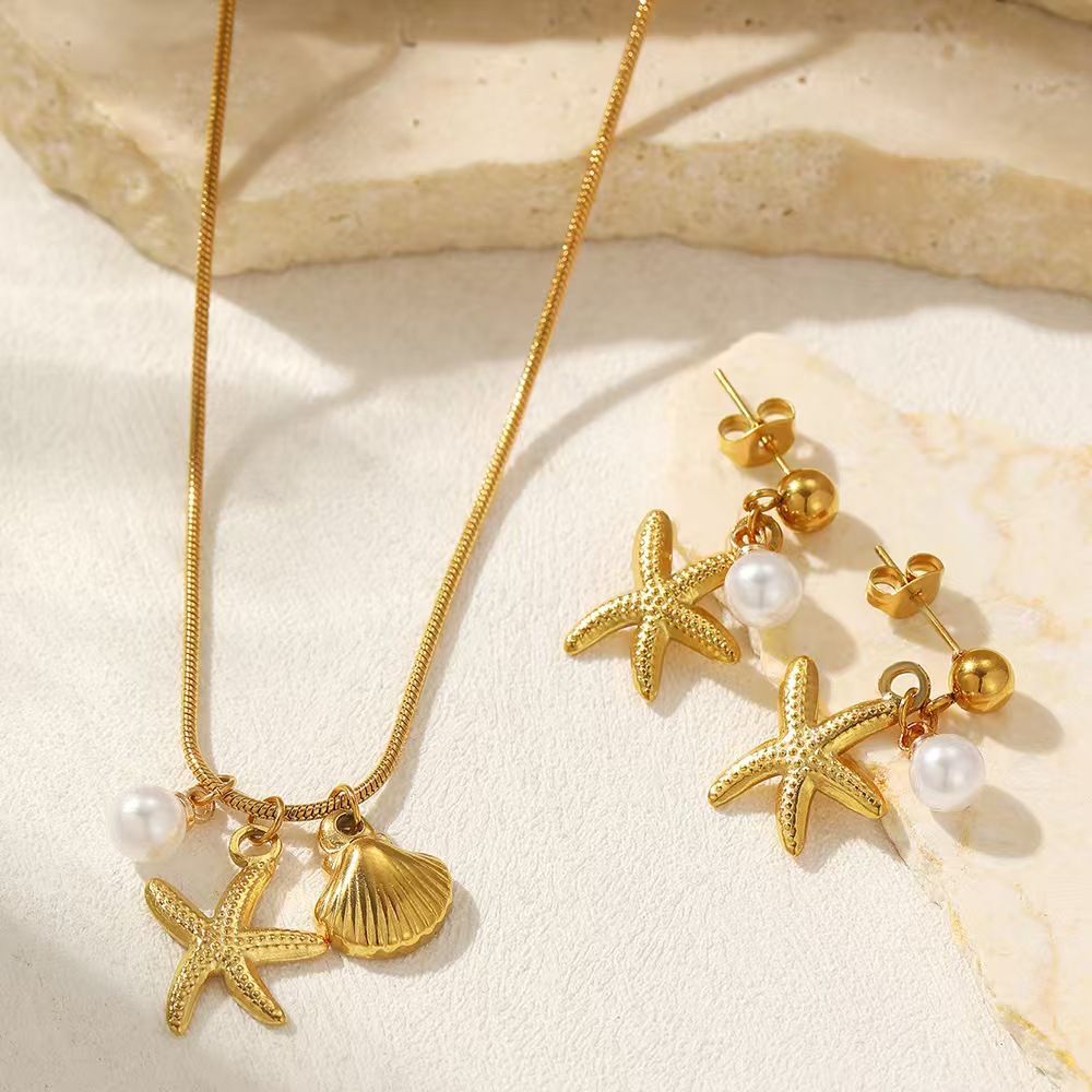 2Pcs/Set Gold Stainless Steel Starfish Shell Necklace & Earrings Set For Kenyan Women, Non-Fading Beach Jewelry Gift