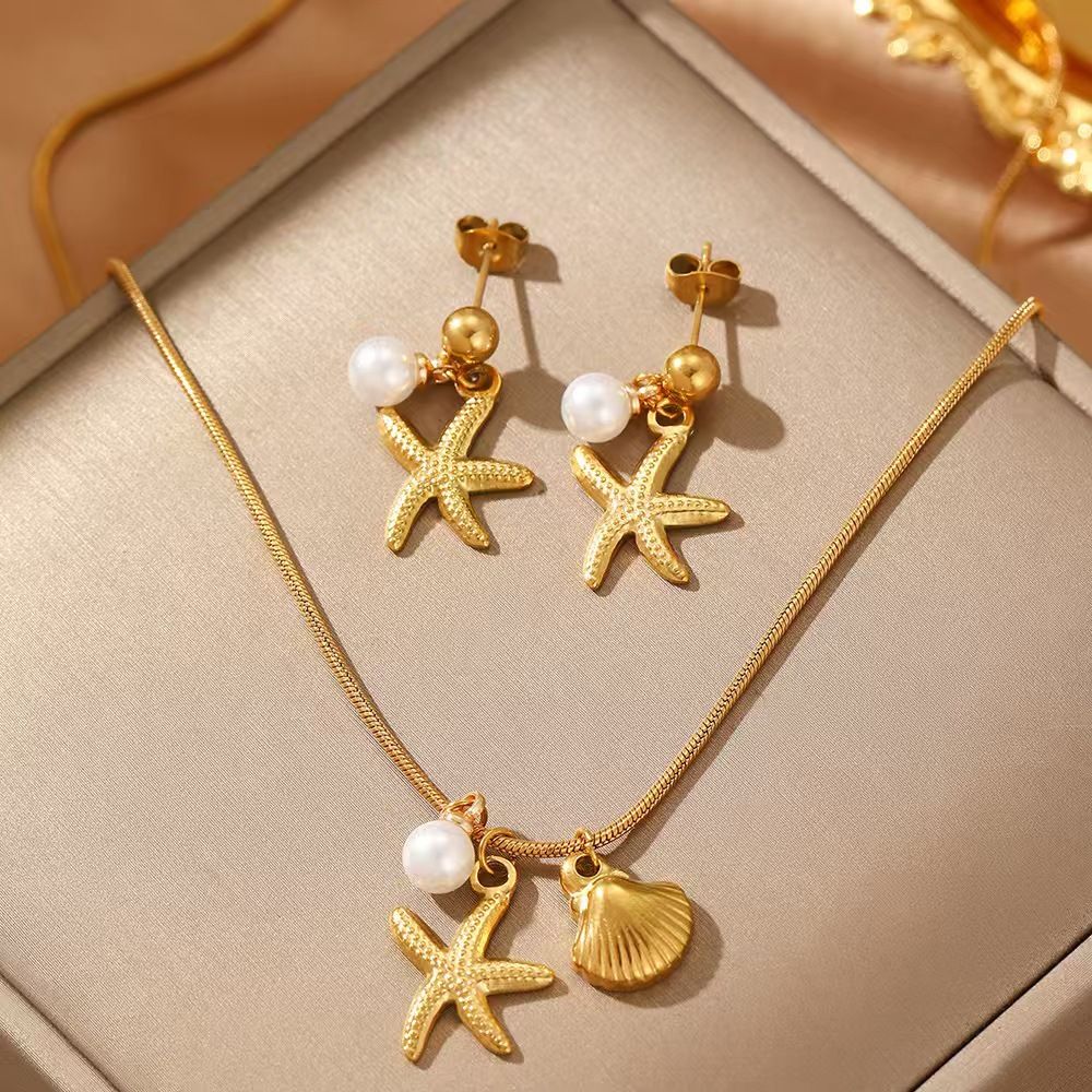 2Pcs/Set Gold Stainless Steel Starfish Shell Necklace & Earrings Set For Kenyan Women, Non-Fading Beach Jewelry Gift