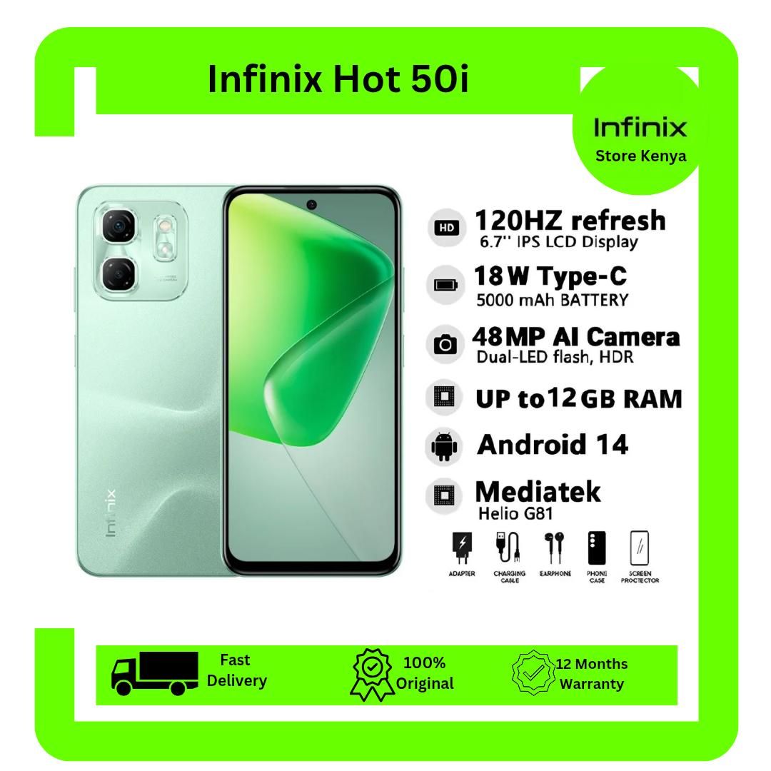 [New Arrival] Infinix Hot 50i 128GB + 12(6+6)GB 6.7" Screen Phone Dual SIM 4G Network 5000mAh Battery with 18W Type-C Charging 48MP Camera Fingerprint Lock Android 14 G81 Smartphones