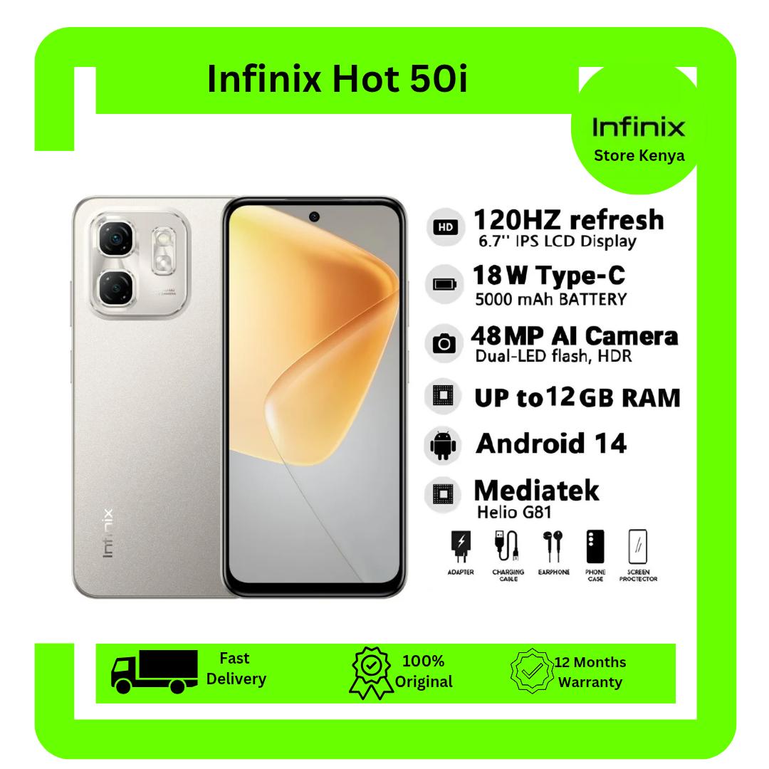 [New Arrival] Infinix Hot 50i 128GB + 12(6+6)GB 6.7" Screen Phone Dual SIM 4G Network 5000mAh Battery with 18W Type-C Charging 48MP Camera Fingerprint Lock Android 14 G81 Smartphones