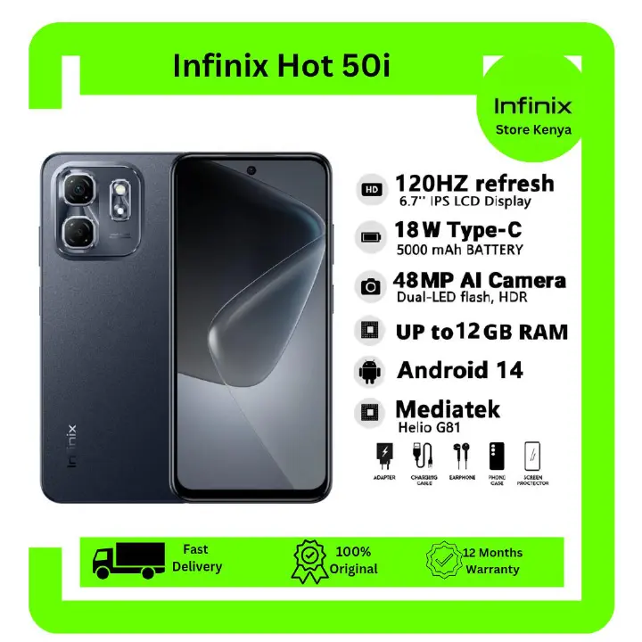 [New Arrival] Infinix Hot 50i 128GB + 12(6+6)GB 6.7" Screen Phone Dual SIM 4G Network 5000mAh Battery with 18W Type-C Charging 48MP Camera Fingerprint Lock Android 14 G81 Smartphones