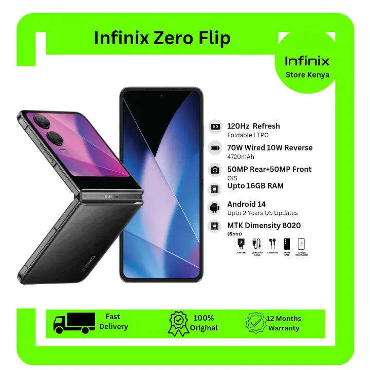 {Brand New} Infinix Zero Flip 5G 512GB ROM+8GB RAM 6.9" Foldable LTPO AMOLED 120Hz Display 50+50MP Camera MediaTek Dimensity 8020 4720mAh Battery 70W Fast Charge Flip Smart Phone