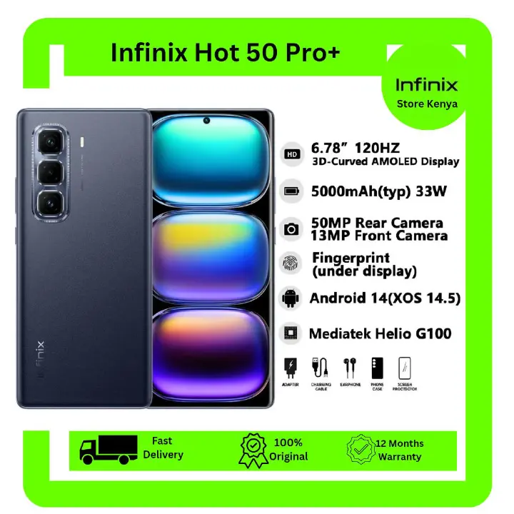 [New Arrival] Infinix Hot 50 Pro+ Plus 128GB+16(8+8)GB 6.7" 3D-Curved AMOLED 120Hz Screen Phone 5000mAh with 33W Type-C 50MP Camera MTK Helio G100 Fingerprint Lock Hot 50 Pro+ Smart Phone
