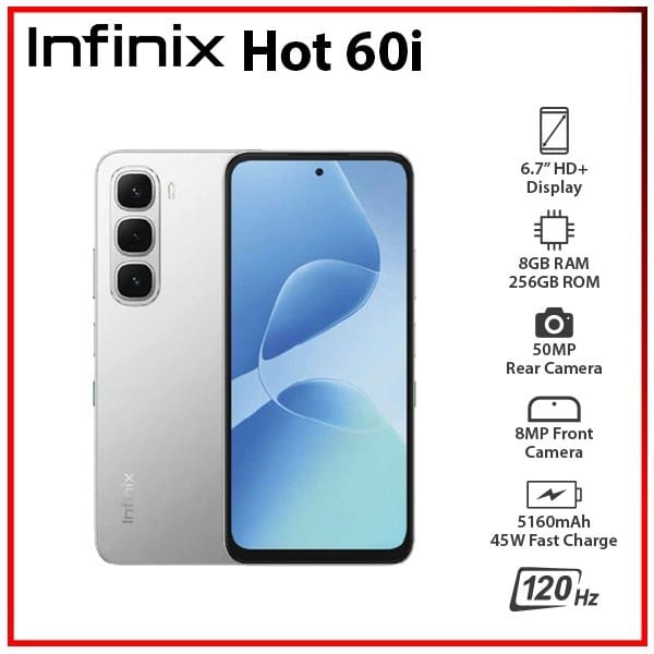 [SUPER DISCOUNT] Infinix Hot 60i 256GB+8GB 6.7" IPS LCD 120Hz Display 50MP Camera 5160mAh Battery 45W Fast Charging IP64Dust/Water Resistant Dual SIM Ultimate Bypass Charging AI + FREE INFINIX SPEAKER