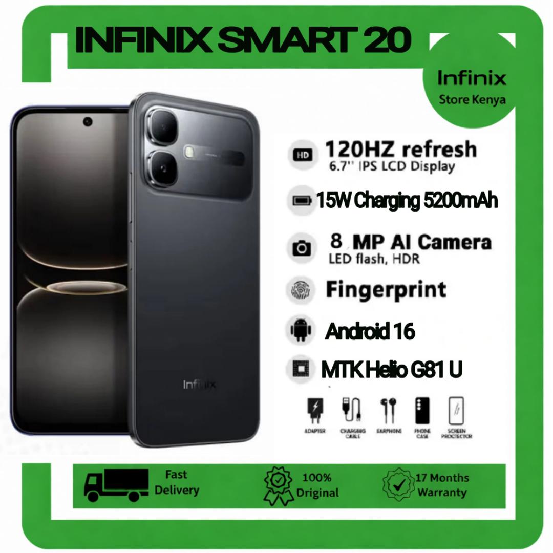 [NEW ARRIVAL DEAL] INFINIX Smart 20 128GB+4GB 6.67" 120Hz Display Dual Speakers Dual SIM 4.5G Slim Phone 5200mAh Battery 15W Charging IP64 Fingerprint Lock Android 16