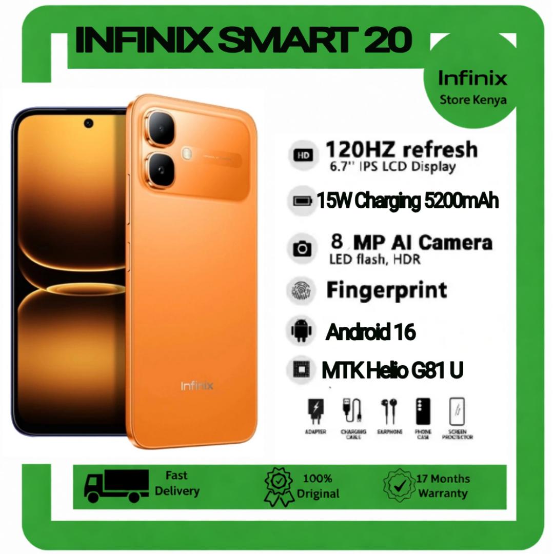 [NEW ARRIVAL DEAL] INFINIX Smart 20 128GB+4GB 6.67" 120Hz Display Dual Speakers Dual SIM 4.5G Slim Phone 5200mAh Battery 15W Charging IP64 Fingerprint Lock Android 16