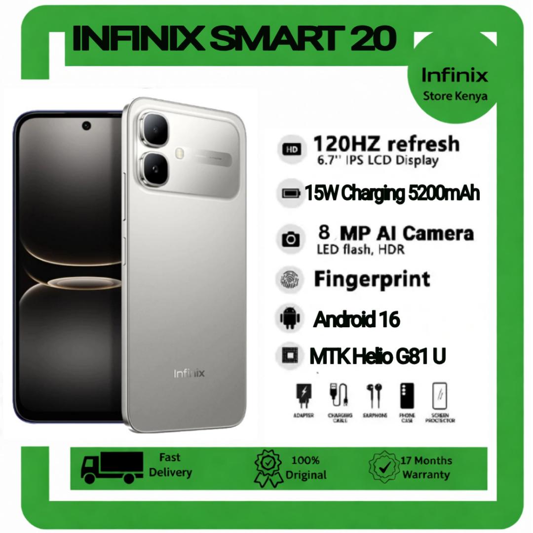 [NEW ARRIVAL DEAL] INFINIX Smart 20 128GB+4GB 6.67" 120Hz Display Dual Speakers Dual SIM 4.5G Slim Phone 5200mAh Battery 15W Charging IP64 Fingerprint Lock Android 16