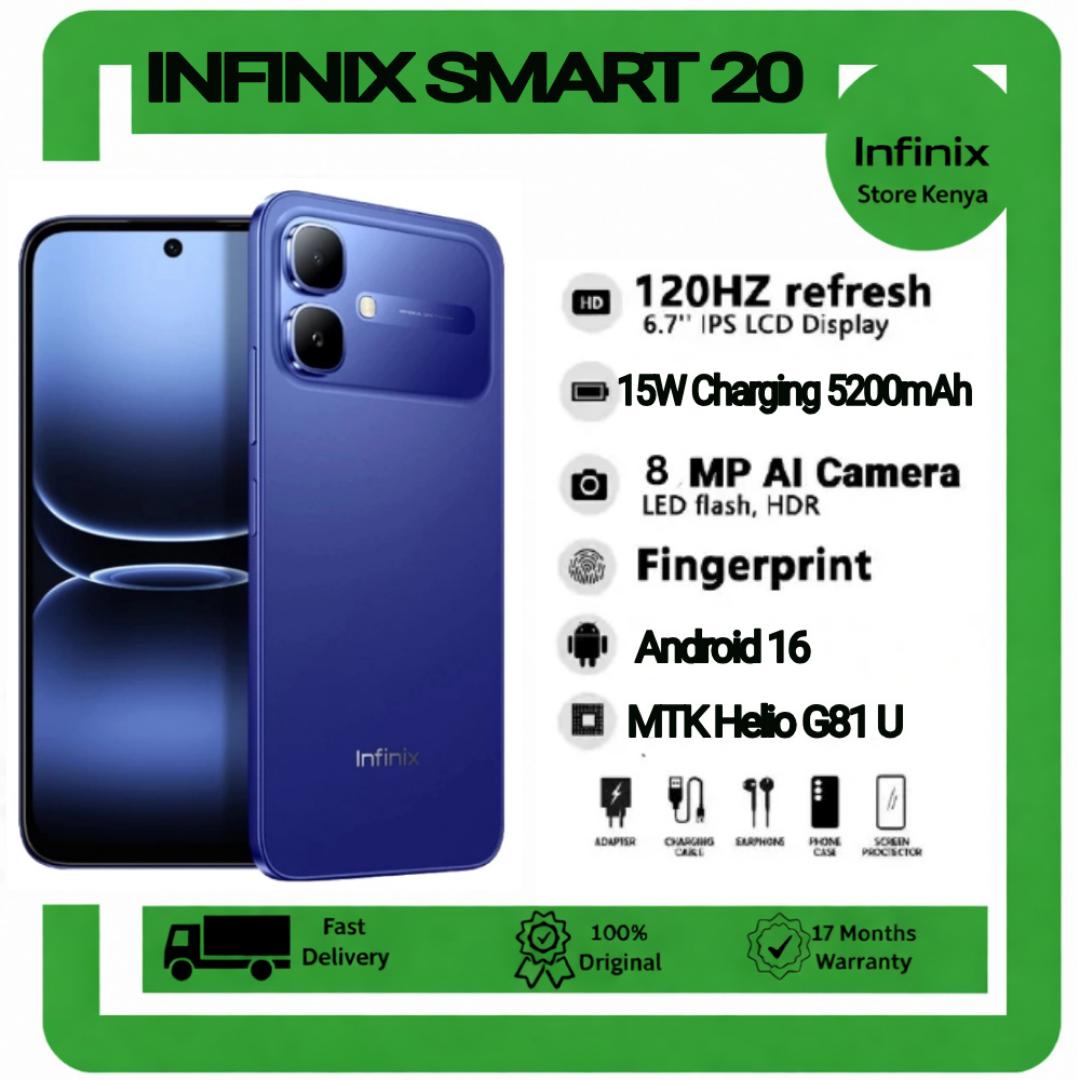 [NEW ARRIVAL DEAL] INFINIX Smart 20 128GB+4GB 6.67" 120Hz Display Dual Speakers Dual SIM 4.5G Slim Phone 5200mAh Battery 15W Charging IP64 Fingerprint Lock Android 16