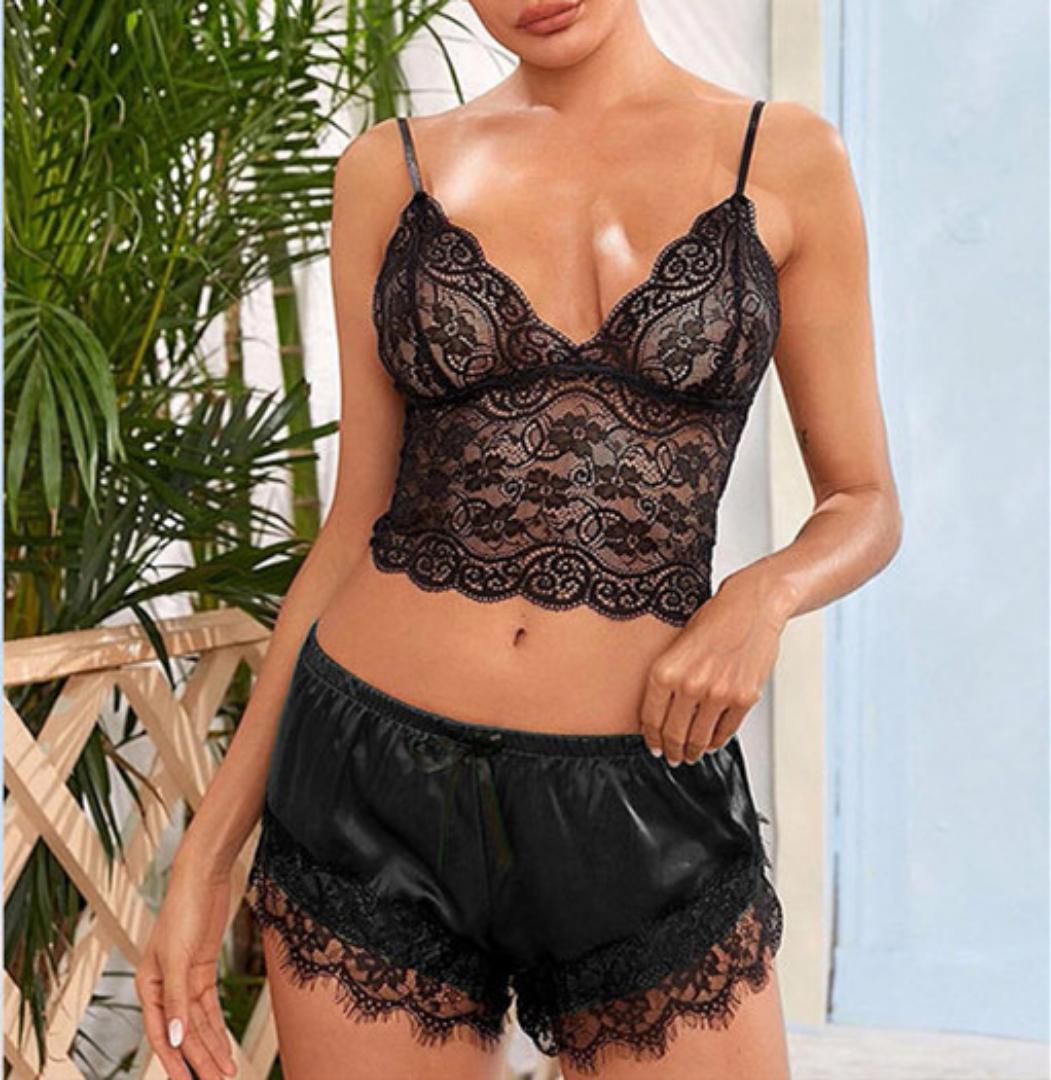 2pcs/Set Sexy lace Women Nightwear Nightgowns 2Pcs/Set Pajamas Women Lace Trim Sleeveless Strappy Pajamas Shorts Sleepwear pyjamas Nightdress Sleepwear Sleeping Night Dress Gowns Ladies Clothes