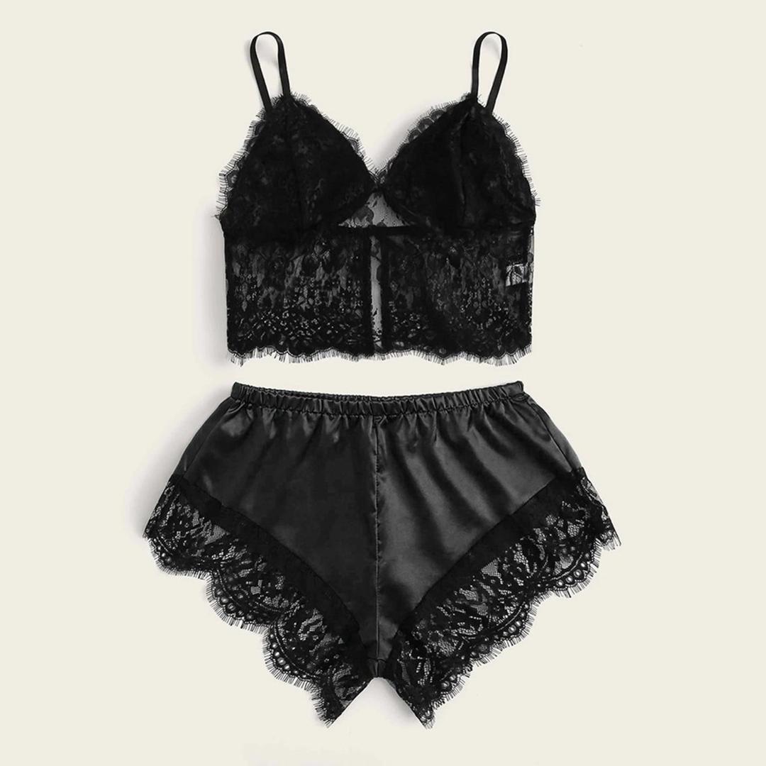 2pcs/Set Sexy lace Women Nightwear Nightgowns 2Pcs/Set Pajamas Women Lace Trim Sleeveless Strappy Pajamas Shorts Sleepwear pyjamas Nightdress Sleepwear Sleeping Night Dress Gowns Ladies Clothes