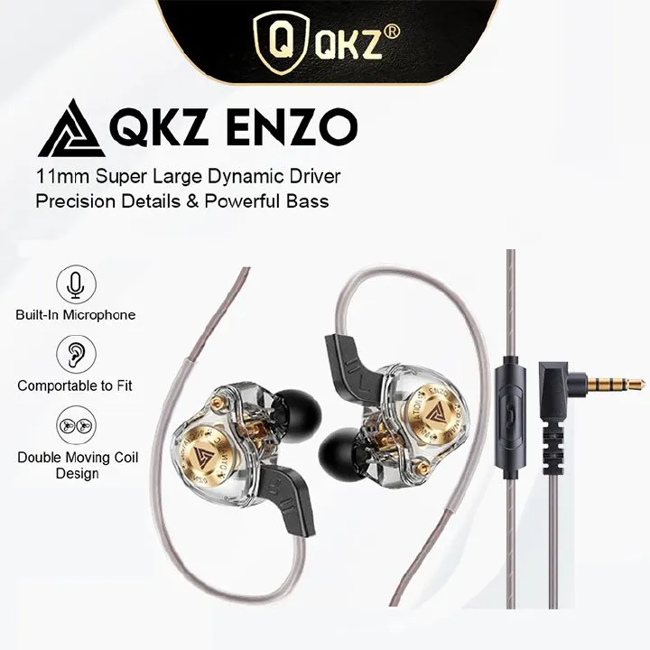 QKZ ENZO Earphone with Microphone 11mm Large Dynamic Drive Earphone In ear Music Sports Earphone With Mic Gaming Earbuds Audiophile Headset Monitor Bass Noise Cancelling Wired Headset QKZ Original Pod