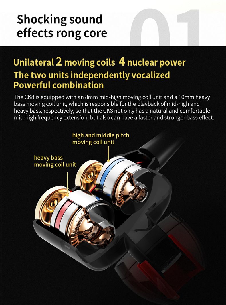 QKZ CK8 7D 3.5mm HiFi in-Ear Earphone Wired Dual Dynamaic loudspeaker Driver Super Bass Stereo Earbud Wired Headset Sleeping Earbuds Sleeping Earpods QKZ Original Earphones Sport Earphone With Mic