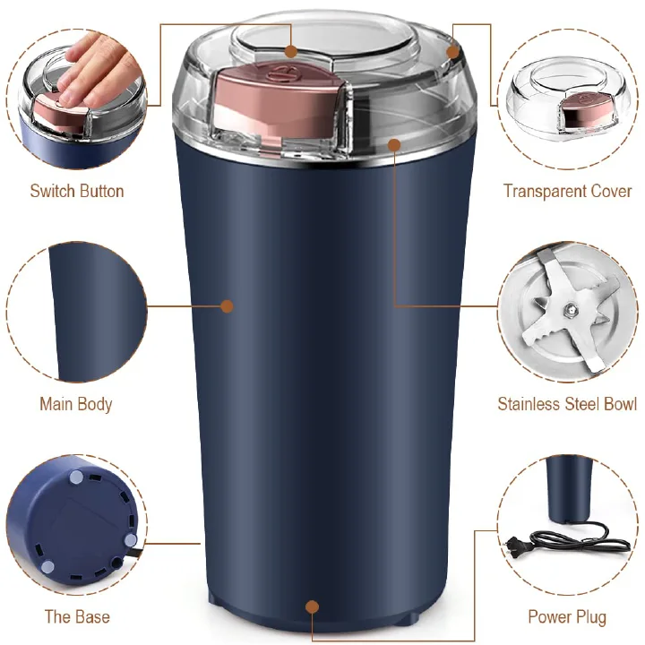 UPHUI Grinders Electric coffee grinder bean grinder spice grinder coffee bean vanilla grinder with integrated brush scoop one touch button stainless steel grinding vanilla peanut cereal beans