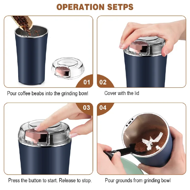 UPHUI Grinders Electric coffee grinder bean grinder spice grinder coffee bean vanilla grinder with integrated brush scoop one touch button stainless steel grinding vanilla peanut cereal beans