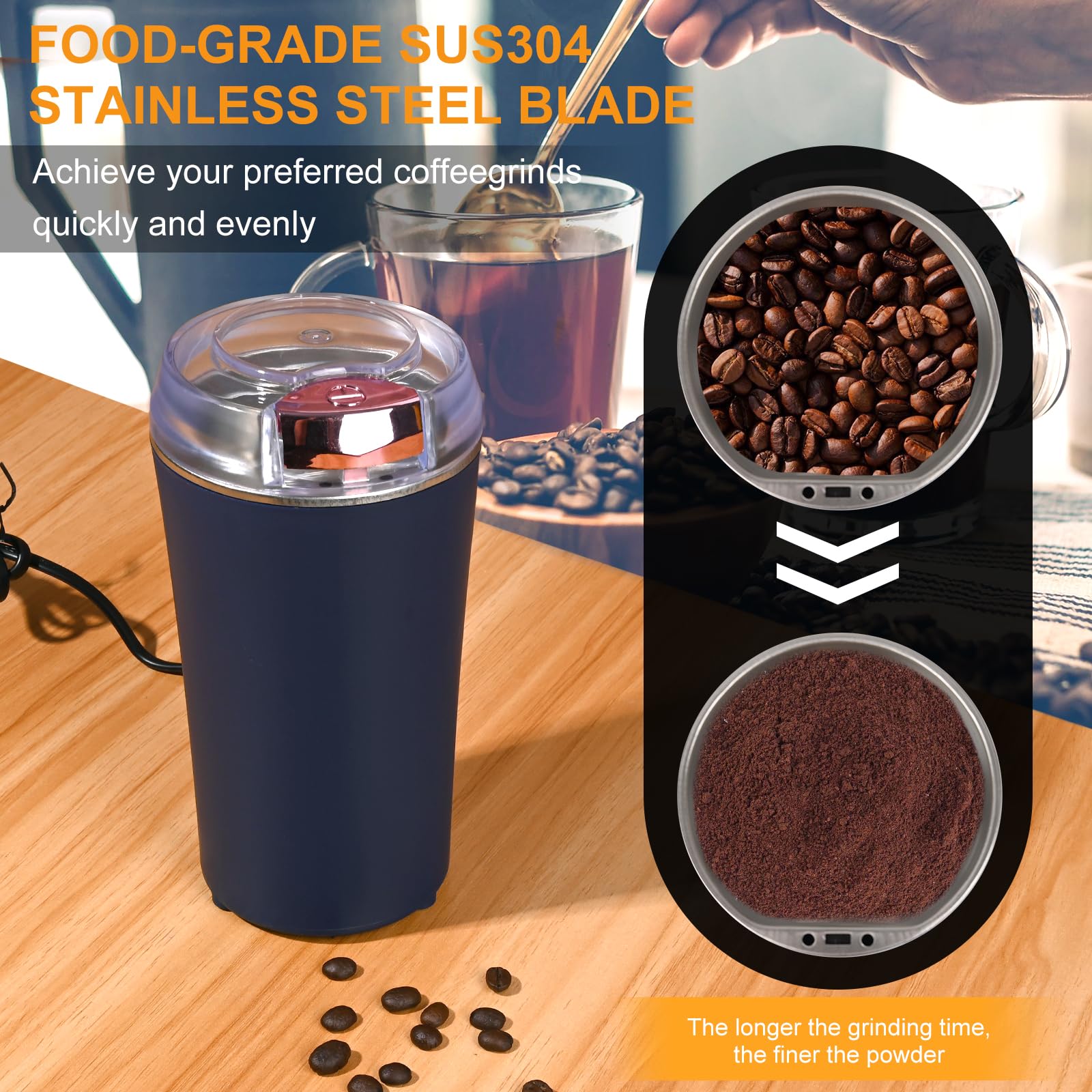 UPHUI Grinders Electric coffee grinder bean grinder spice grinder coffee bean vanilla grinder with integrated brush scoop one touch button stainless steel grinding vanilla peanut cereal beans