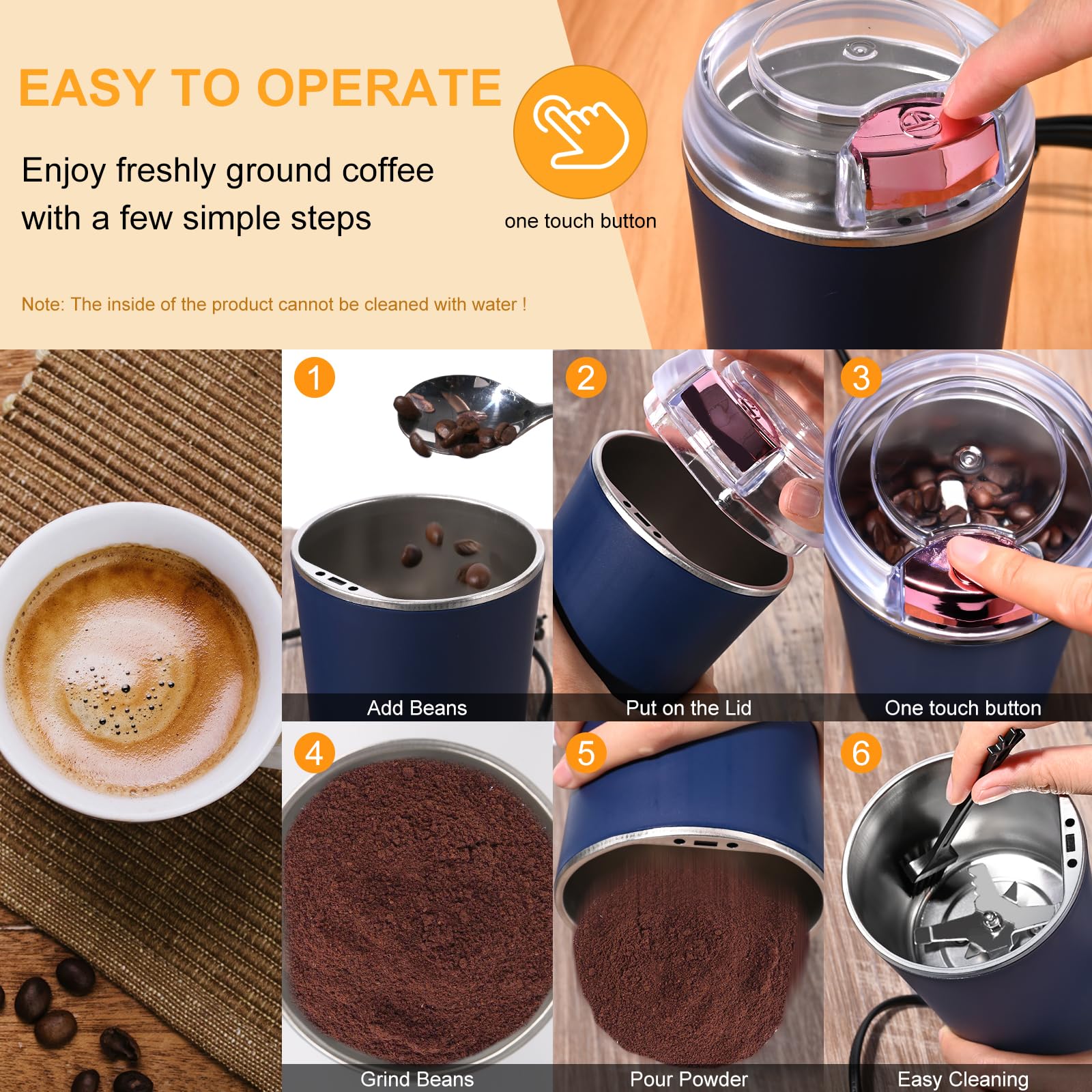 UPHUI Grinders Electric coffee grinder bean grinder spice grinder coffee bean vanilla grinder with integrated brush scoop one touch button stainless steel grinding vanilla peanut cereal beans