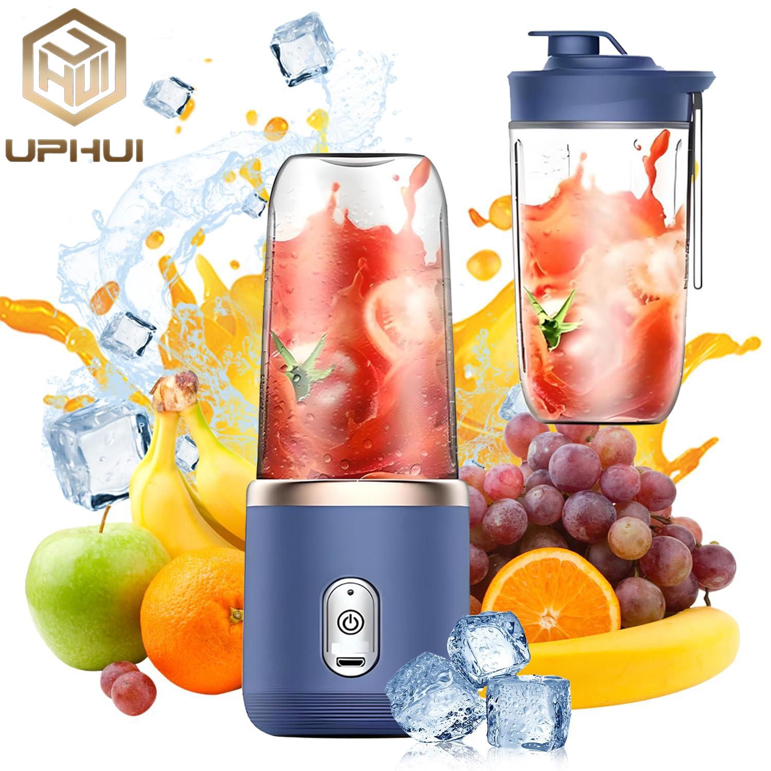 UPHUI Personal Blender for Shakes and Smoothies Portable Mixer Fruit Juicer USB Rechargeable with 6 Blades Handheld Blenders for Sports Travel and Outdoors Small Electric Mini Blender