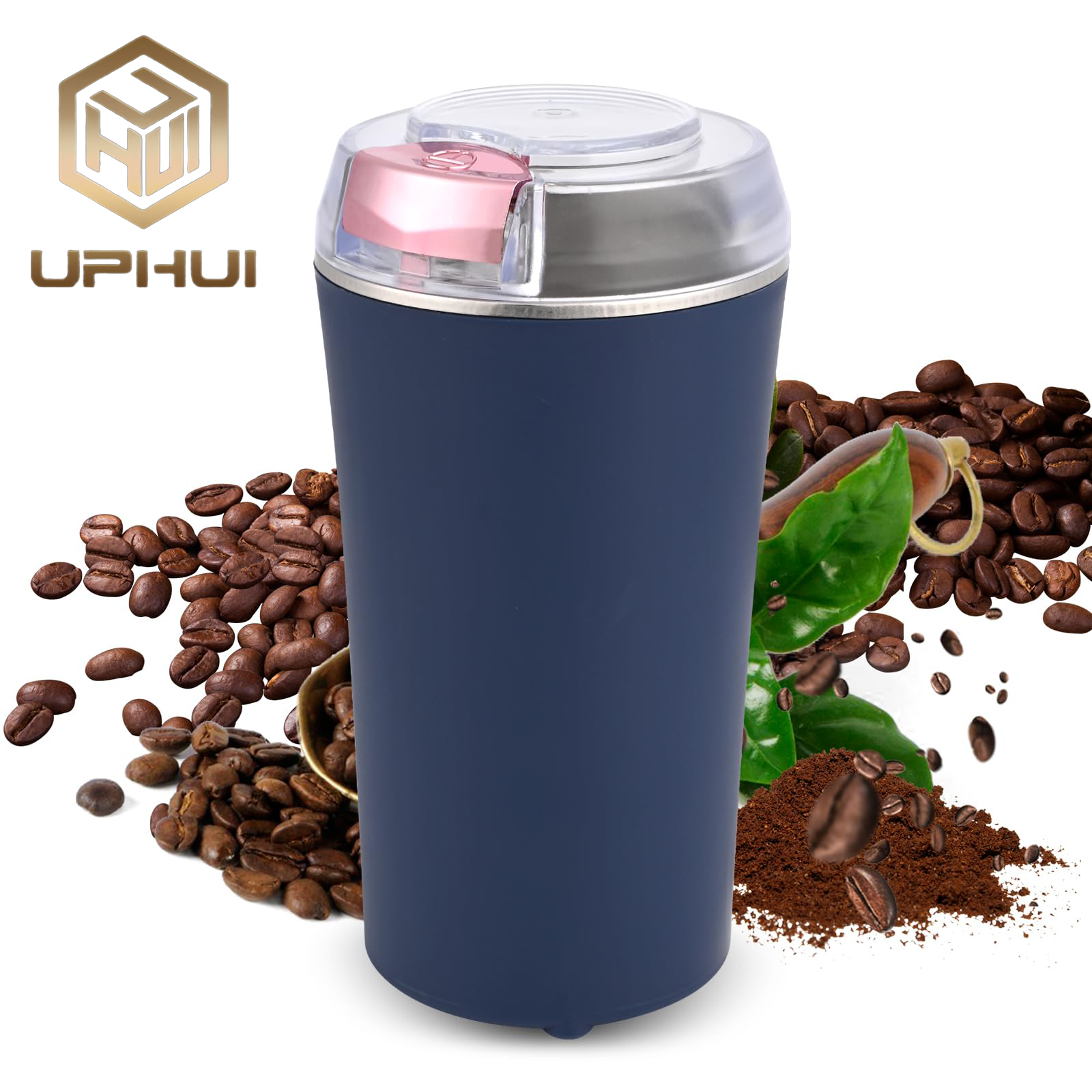 UPHUI Grinders Electric coffee grinder bean grinder spice grinder coffee bean vanilla grinder with integrated brush scoop one touch button stainless steel grinding vanilla peanut cereal beans