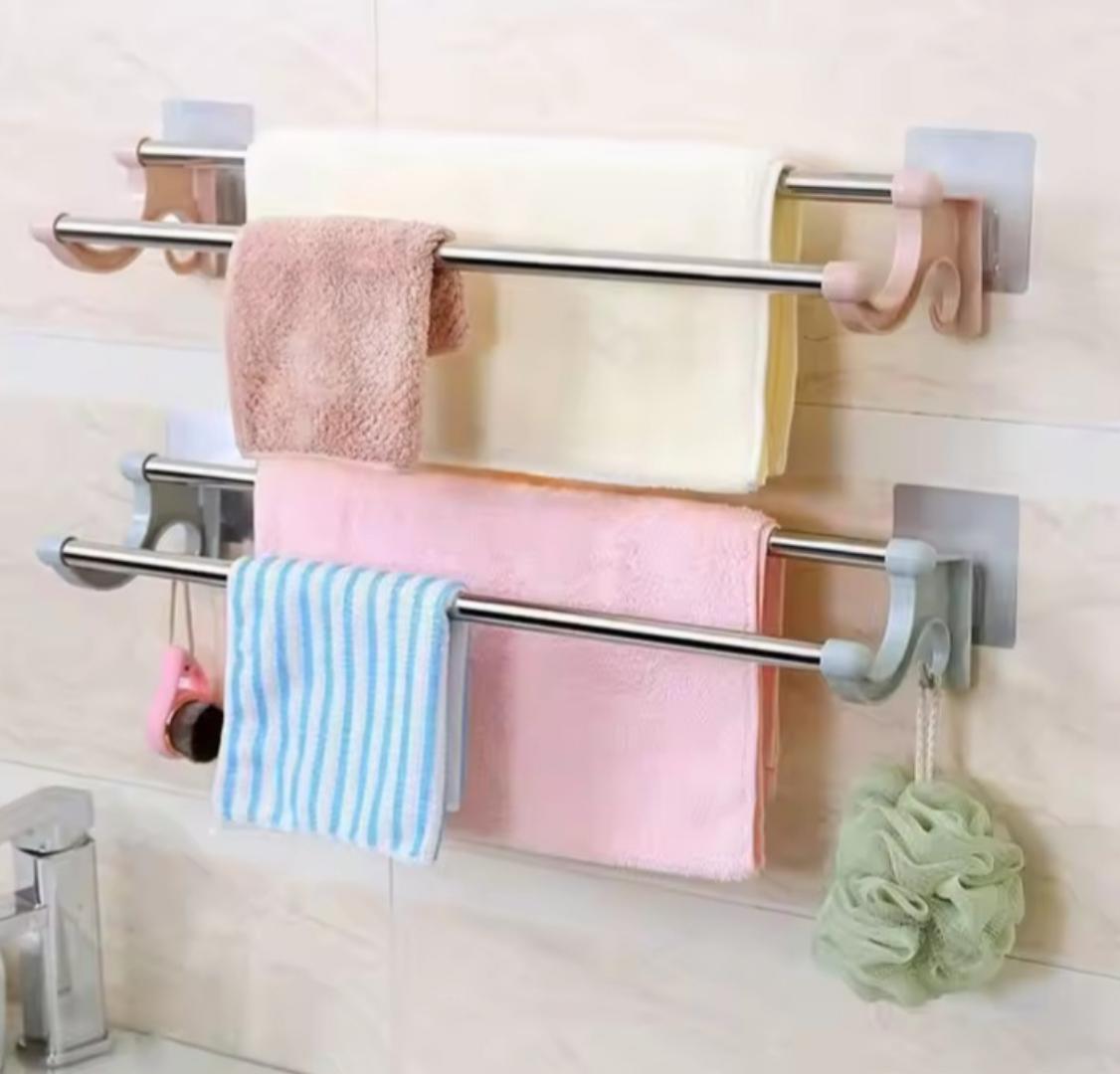 Pink Double rod towel holder / double bar towel reck no punchingdouble rod non marking towel rack bath towel rack suction cup towelrack toilet stainless steel hanging towel rack