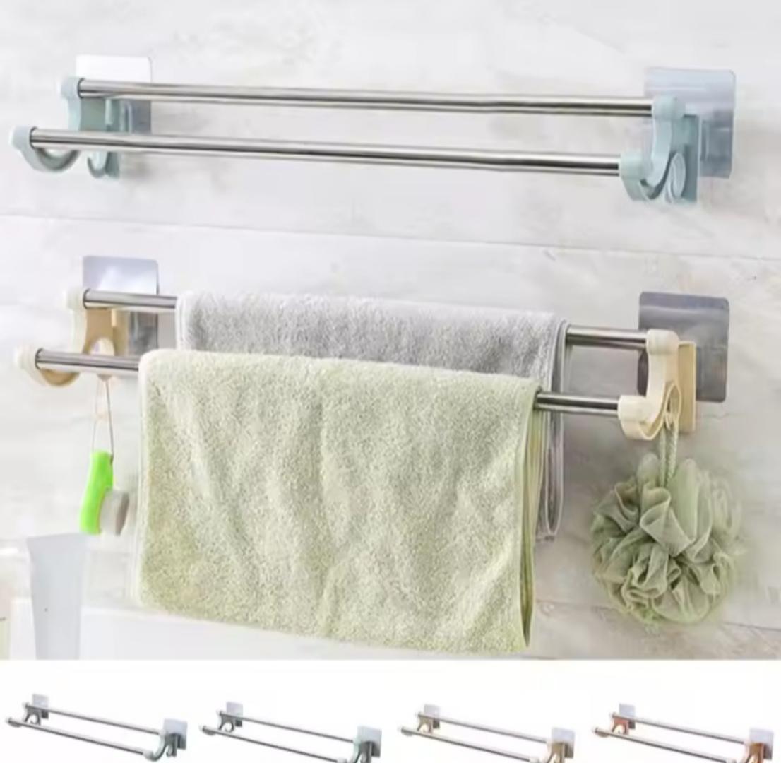 Pink Double rod towel holder / double bar towel reck no punchingdouble rod non marking towel rack bath towel rack suction cup towelrack toilet stainless steel hanging towel rack