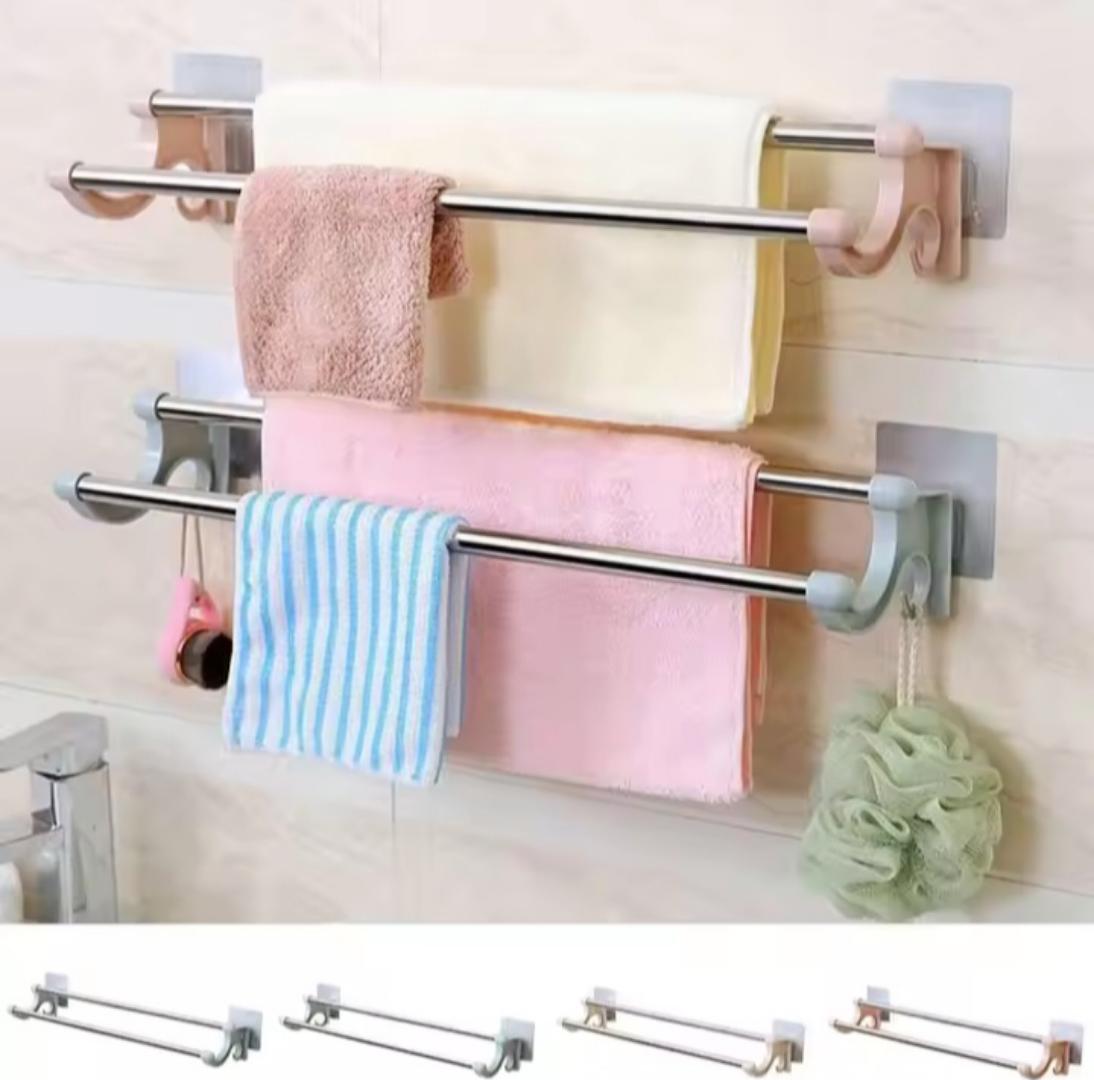 Pink Double rod towel holder / double bar towel reck no punchingdouble rod non marking towel rack bath towel rack suction cup towelrack toilet stainless steel hanging towel rack