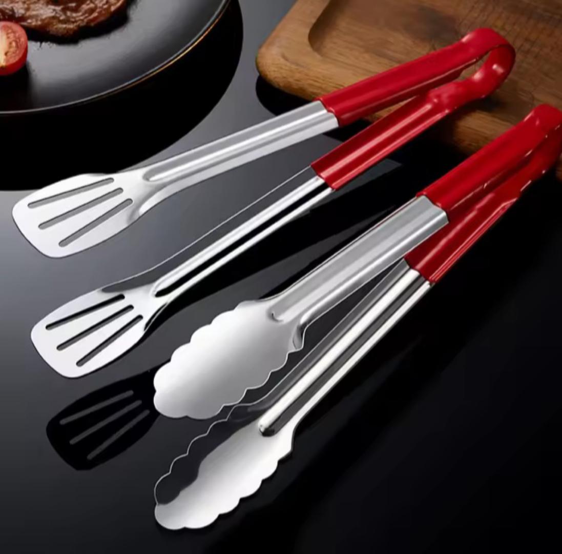 2 piece food tongs set with silicon handlestainless steel tongs, kitchen tongs, grilling tools, heat-resistant utensils, BBQ tongs, cooking tools, non-slip tongs, food serving tongs.