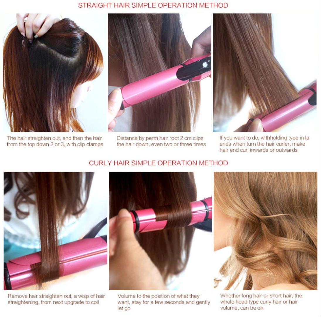 2 in 1 Hair Straightening and Curling Iron, Straightener, 2 In 1 Electic Hair Curl Iron Ceramic Straightener Wave Flat Wand Styling Roller Straighter Hairstyling LCD Curler Tongs Crimple